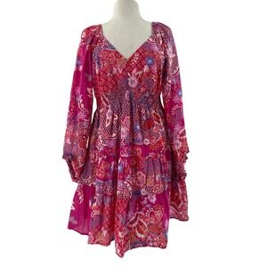 Hale Bob Dress Womens M Pink Floral Patchwork Smocked Tiered Mini Cotton BOHO